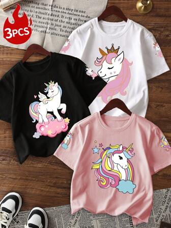 3pcs/Set Girls Toddler Casual Printed Round Neck Short Sleeve T-Shirt, Summer Childrenswear - Eye-Catching T-Shirts Bring Joy And Happiness To Every Child!