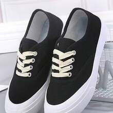 Zapatillas de lona para mujer Zapatillas de lona de color liso: novedades de temporada Zapatillas de lona sin cordones, transpirables, modernas y versátiles para estudiantes. - Negro - Ver 4