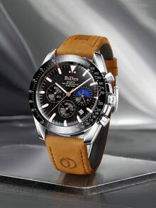 BIDEN 男士腕表，休闲运动计时表，带夜光、日期显示，男士商务石英表。防水，真皮表带 - 均碼 - 查看 9