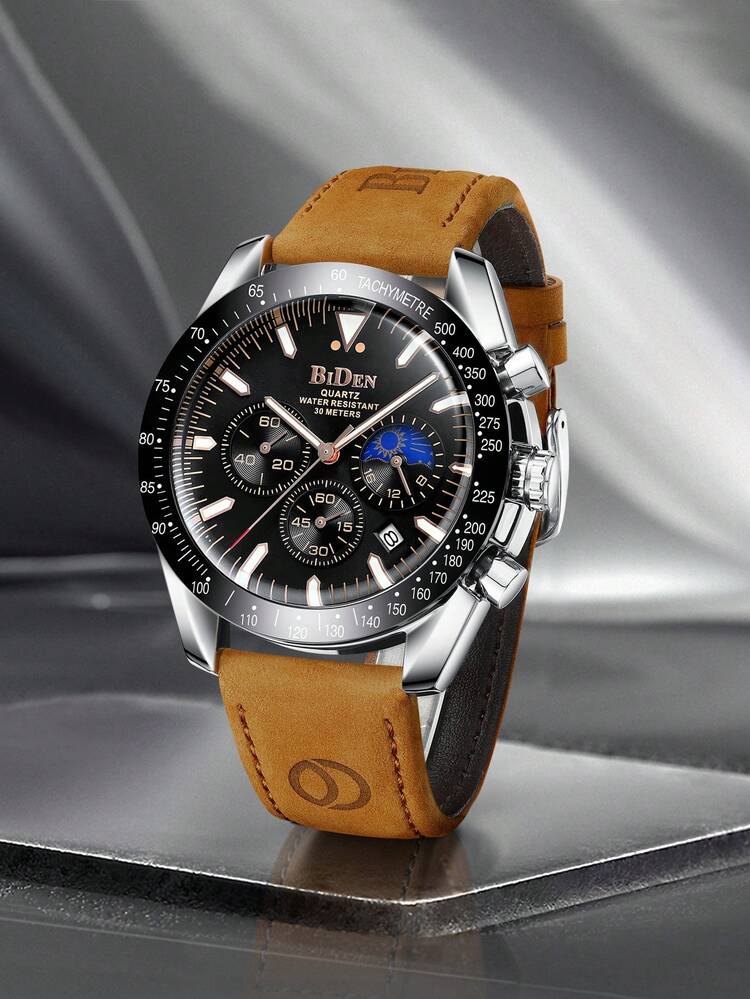 BIDEN 男士腕表，休闲运动计时表，带夜光、日期显示，男士商务石英表。防水，真皮表带 - 均碼 - 查看 9