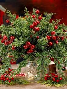 30pcs Christmas Artificial Pine Branches With Red Berries, Faux Norfolk Pine Needles, For DIY Crafts, Wreaths, Home Decor, And Christmas Tree Ornaments, Tabletop Plastic Greenery For Seasonal Fall, Winter, And Holiday Arrangements