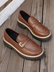 女士简约乐福鞋，时尚朋克圆头中跟鞋，舒适时尚，百搭休闲鞋 - 棕色 - 查看 3