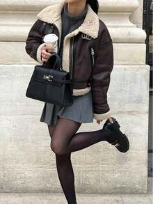 DEEKA 秋冬新款女式仿皮毛内衬机车夹克短外套