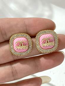 LADYCOCO 2 件时尚水晶字母耳环，适合女士，奢华优雅个性化耳环，2025 年新品 - 金色+粉紅色 - 查看 3