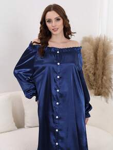 Satynowa koszula nocna z falbanką dla kobiet, rozkładana piżama z odkrytymi ramionami i długim rękawem, wygodna sukienka domowa, przytulne stroje