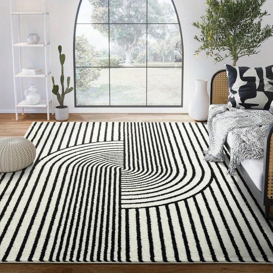 1Pc Large Light Beige-Friendly Area Rugs - Black & White High Pile Density, Soft Felt Backing, Machine Washable, No Lint Odor, 31x20 Inch & 84x60 Inch Sizes For Living Room, Bedroom, Office - 樣式 1 - 查看 1