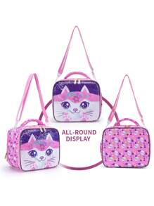 BLING BABIES Girls Lunch Bag, Cute Cartoon Cat Sequin Design, Suitable For Elementary Students, Children's Lunch Box, Kindergarten Lunch Handbag, Reusable Picnic Bag, Glow-In-The-Dark Function - Pink - Pink - View 3