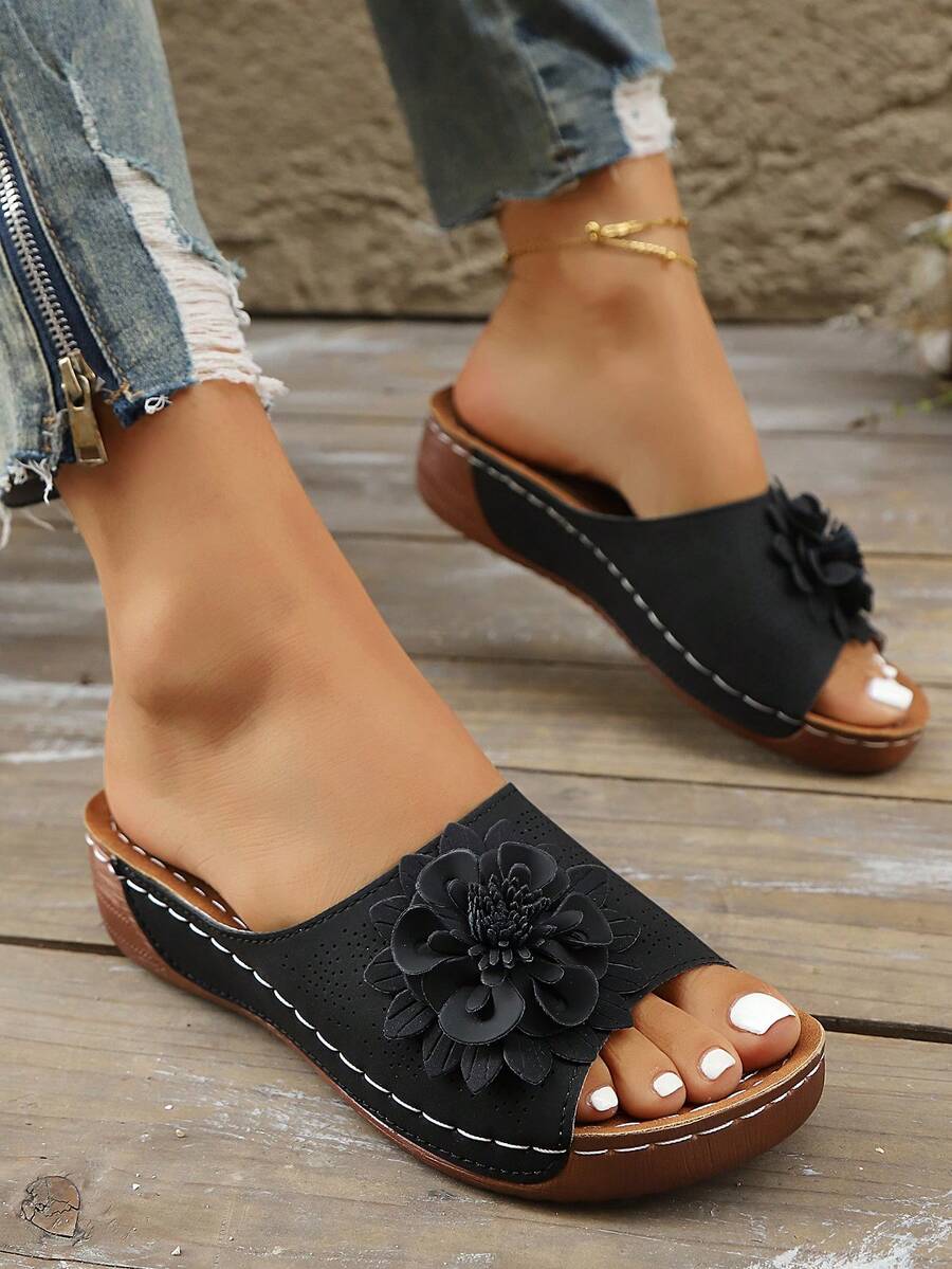Women's Floral Thick Bottom Wedge Open Toe Slippers, Polyurethane Sole Thick Wedge Heel Solid Color Comfortable Slip-On Platform Sandals