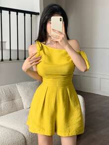 abyoxi 女士黄色性感不对称领单肩系腰极简连体裤，休闲通勤、海滩度假、日常穿着，春夏短款连体裤 - 芥末黃 - 查看 1