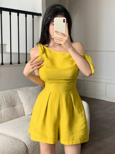 abyoxi 女士黄色性感不对称领单肩系腰极简连体裤，休闲通勤、海滩度假、日常穿着，春夏短款连体裤