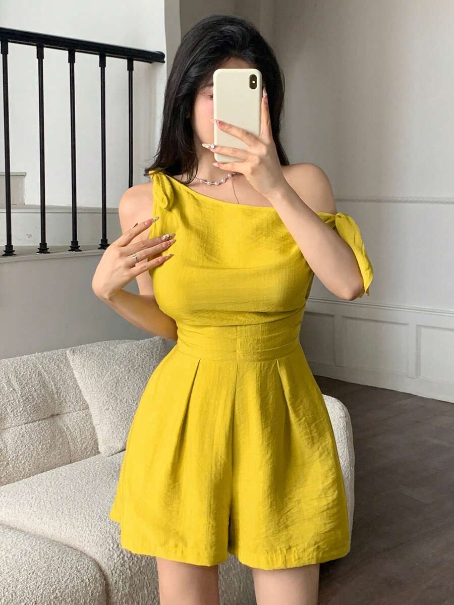 abyoxi 女士黄色性感不对称领单肩系腰极简连体裤，休闲通勤、海滩度假、日常穿着，春夏短款连体裤 - 芥末黃 - 查看 1