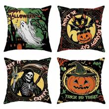 4 pièces Taie d'oreiller Décoration Taie d'oreiller Chat d'Halloween Effrayant Citrouille Fantôme Vintage Décoratif Canapé Lit Extérieur Intérieur Set de Cuillères Imprimé sur un seul côté sans Oreiller - Multicolore - Voir 1