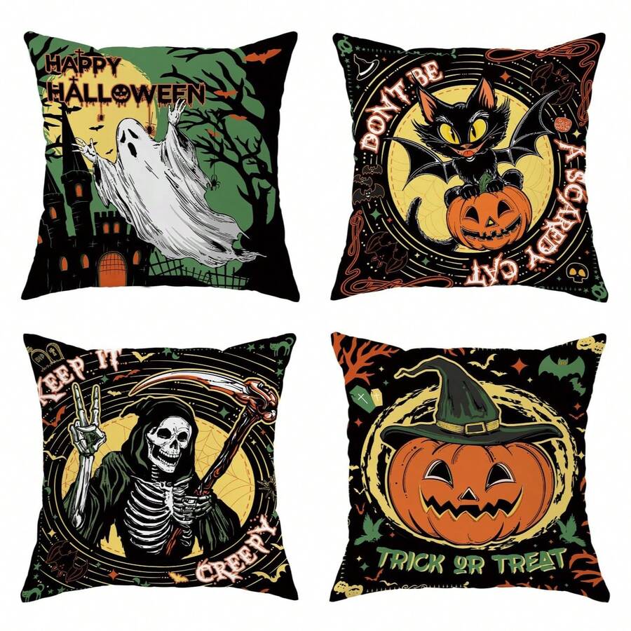4 pièces Taie d'oreiller Décoration Taie d'oreiller Chat d'Halloween Effrayant Citrouille Fantôme Vintage Décoratif Canapé Lit Extérieur Intérieur Set de Cuillères Imprimé sur un seul côté sans Oreiller - Multicolore - Voir 1