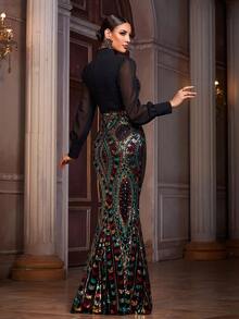 女士派对亮片装饰薄纱长袖拼接连衣裙婚礼黑色春季 - 黑色 - 查看 2