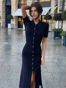 Váy len dệt kim đơn hàng khuy đơn thanh lịch cho nữ, váy midi dáng ôm cổ chữ V đơn giản, trang phục công sở mùa thu - Màu xanh lam - Xem 2