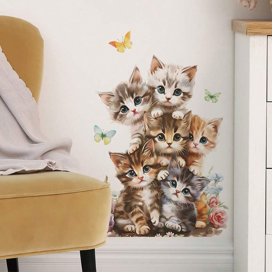 1件装房间客厅墙壁装饰贴纸可爱猫咪叠搭风格墙面背景美化墙贴家居装饰贴纸适用于房间装饰墙面装饰墙贴贴纸 - 彩色 - 查看 1
