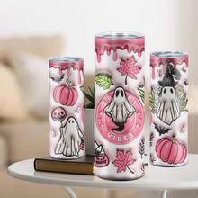 1pc 20oz Stainless Steel Insulated Tumbler, Halloween Limited Edition. Pink Halloween Ghost Pattern, Cute And Fun. Suitable For Personal Use Or Gift, Also A Must-Have Item For The Holiday. - Multicolor - View 4