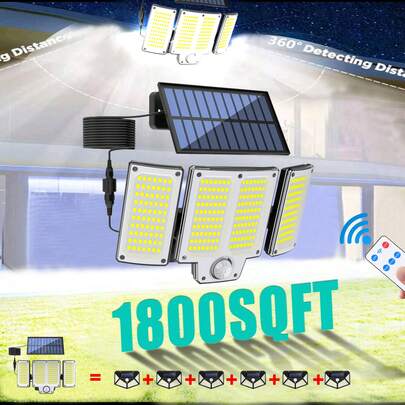 1/2个太阳能户外灯，280颗LED灯珠，3种模式人体感应户外灯，带遥控器，防水太阳能户外安全泛光灯，适用于庭院、露台、花园、车库（单个280颗LED灯珠/2000mAh = 6个100颗LED灯珠/1200mAh）