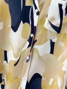 女士休闲长袖树叶印花衬衫，前襟纽扣开合，带口袋，卷边袖口，翻领设计，适合秋、冬、春季穿着。 - 黃色 - 查看 8