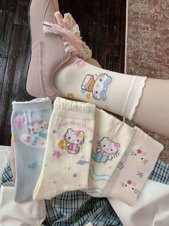  5 Pairs Women's Sanrio Cartoon Hello Kitty Pattern, Cute Bow Lace Design, Comfortable Breathable Mid-Calf Socks, Japanese School Style Christmas Gift