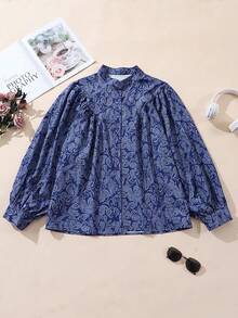 Plus Size Women's All-Over Print Puff Sleeve Casual Top And Blouse, Loose Fit Shirt - Blue - View 2