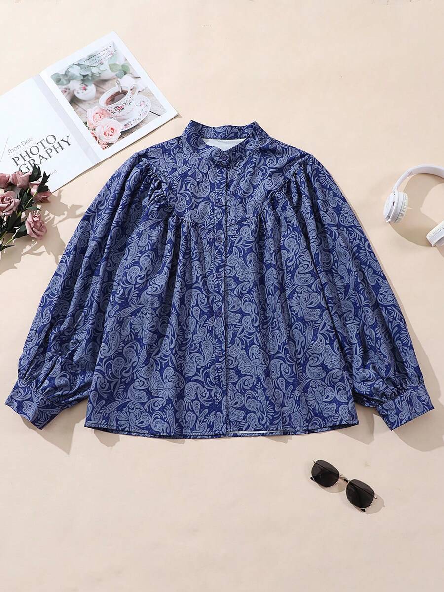 Plus Size Women's All-Over Print Puff Sleeve Casual Top And Blouse, Loose Fit Shirt