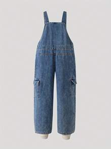 Girls' Retro Casual Denim Bib Pants, Fashion Street Style Loose Straight Leg Jeans Overall For Summer/Spring/Autumn - Medium Wash - View 7