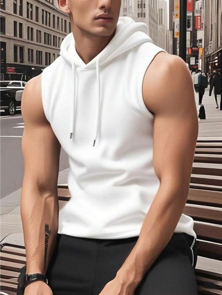 GRDR Chaleco con capucha de unicolor y cordón de ajuste para hombre, casual de verano - Blanco - Añade 1