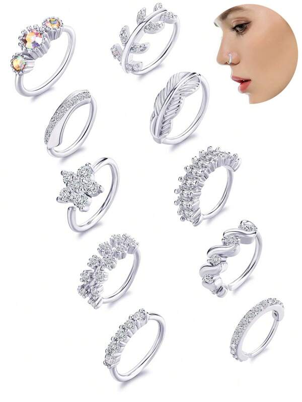 10 stuks neusring hoepel geplaveid met bloem, blad, veer en zirkonia, kraakbeenoorbellen, neuspiercing sieraden voor vrouwen, zilverkleurig, 20 g