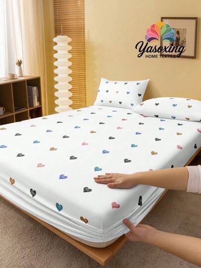 2/3件套白色彩色心形图案床上用品套装（不含填充物），卧室适用，超细纤维材质，透气舒适。1件床笠+1/2件枕套（不含填充物），适用于单人床、双人床、大号床、特大号床，深口袋设计，深度可达11.8英寸，透气抗皱，提升睡眠质量，可机洗。