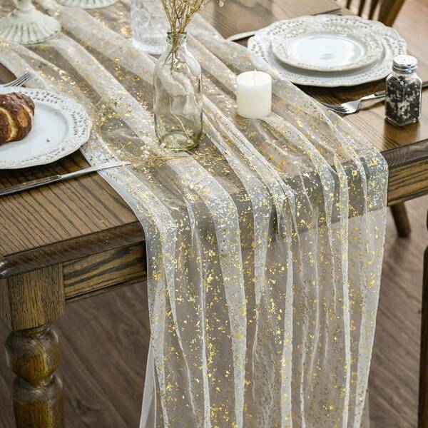 1 Paquete de Camino de Mesa de Tul Dorado, 72*300/500cm, Lámina Metálica Brillante, Tul de Gasa Transparente, Decoración de Mesa Transparente para Restaurante, Boda, Aniversario, Fiesta, Cumpleaños, Adecuado para Reuniones Familiares, Nupcial, Ducha, Fiesta de Oro, Navidad, Año Nuevo, Halloween