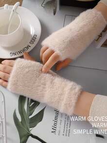 1 Pair Women's Solid Color Fuzzy Warm Fingerless Gloves, Outdoor/Indoor Use, Elastic Knitted Half Finger Gloves For Writing, Office, Autumn/Winter - Solid Color Mittens - View 8