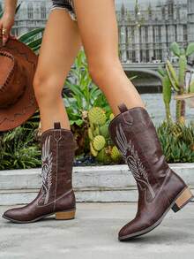 New Women's Embroidered Leather Coffee Brown Western Boots, Pointed Toe Chunky Heel Knee-High Boots, Outdoor Casual Fashion Dress Boots - Coffee Brown - View 3