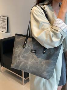 复古仿牛仔布 PU 托特包，大容量，手提包，单肩包，适合女性购物、上班通勤、学生返校和日常使用 - 深灰色 - 查看 4