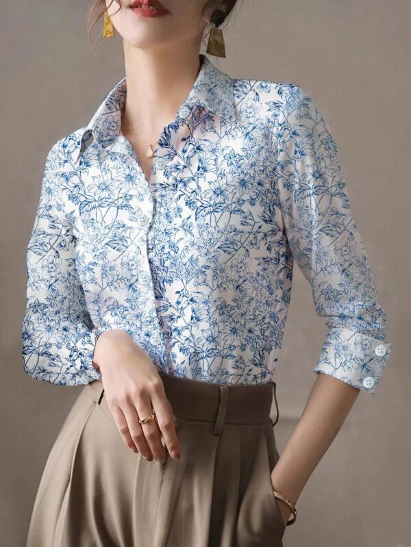 Camisa de mujer de manga larga con estampado floral, con diseño de botones delanteros y cuello