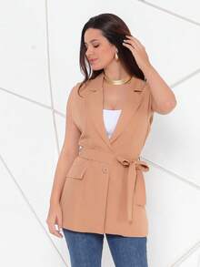 Women's Long Tailored Vest With Belt - 卡其色 - 查看 2