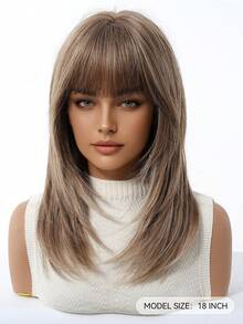 18 Inch Brown Layered Wig For Women Long Straight Wigs With Curtain Bangs, Synthetic High Density Heat Resistant Hair Wig For Daily Party,Natural Sexy Simple Casual Sports Preppy Cosplay Heat Resistant Fake Hair Or Holiday Party Everyday Wear,Halloween Christmas Gifts, Gifts For Girlfriends,Gifts For Girlfriends - 棕色 - 查看 5