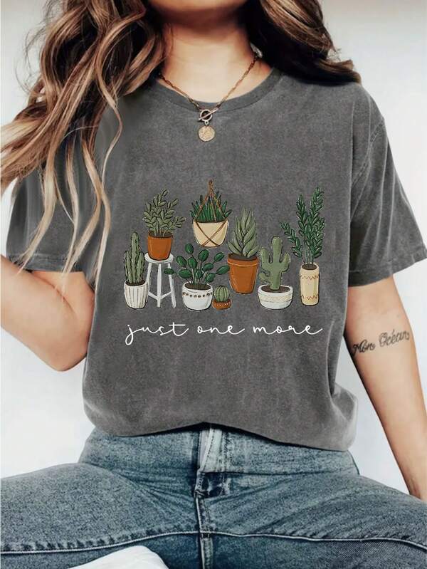 Womens Cactus Flowers Print Loose Oversized T-Shirt For Women - Casual Polyester Knit Fabric With Round Neckline, All-Season Comfort, Festive Holiday Top, 1 Piece, 200gsm