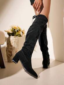 Stivali da donna alla moda, stivali sopra il ginocchio neri con texture in velluto scamosciato, tacco alto chunky, snellente e con fodera calda, nuovi stivali invernali da donna con design a lacci sul retro e effetto morbido