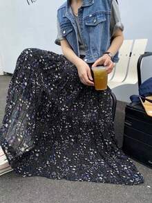 EARO Plus Size Women's Chiffon Floral Pleated A-Line Skirt, High Waist Loose Flattering Elegant Vacation & Everyday Wear, Spring/Autumn - màu đen - Xem 4