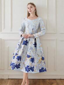 Luxurious Jacquard Elegant Long Sleeve Party Dress, Autumn/Winter