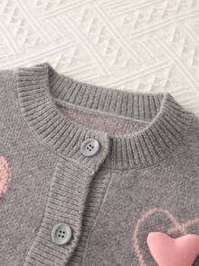 2pcs Kids Knitted Cardigan Sweater And Pleated Skirt Set, Heart Design Winter Outfit Long Sleeve Sweater Jacket And Skirt - Grey - View 3