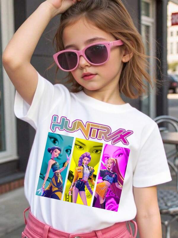 Young Girl's/Boy's "Cotton Graphic Tees, Back To School Clothes Girls, White Summer Shirts With Colorful Cartoon Design, Gifts For First Day Of School, Round Neck Short Sleeve T-Shirt, Fun, Fashion" Kids Clothes Girl's/Boy's KPOP T-Shirts