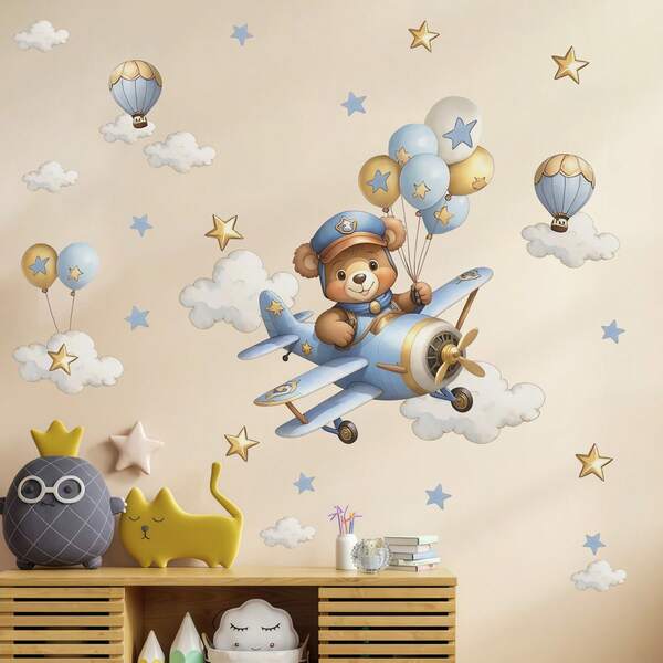 Cartoon Bear Pilot Decorative Wall Sticker For Bedroom, Living Room, Home Decor, Baby Room Decoration, Cute Bear Pilot, Airplane, Children Room, Kindergarten Decor, Stars And Clouds Wall Decals
