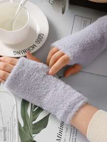 1 Pair Women's Solid Color Fuzzy Warm Fingerless Gloves, Outdoor/Indoor Use, Elastic Knitted Half Finger Gloves For Writing, Office, Autumn/Winter - Solid Color Mittens - View 11