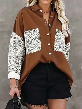 女士新款休闲百搭衬衫外套，长袖带口袋，性感豹纹设计，翻领，宽松开衫，适合旅行、度假、日常穿着、工作、聚会、约会、购物、摄影、日常休闲上衣