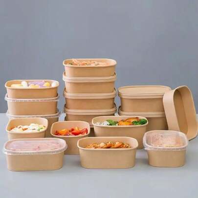 HOT BARGAINS 50 X 500ml Kraft Paper Disposable Food Containers With Plastic Lids Takeaway Food Boxes