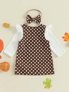 Infant Baby Girl Clothes Set Long Sleeve Solid Color Romper And Turkey Embroidery Dot Dress With Headband 3Pcs Outfit - White - View 7
