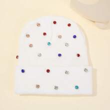 1 件彩色水钻无檐便帽，朋克风格钻石针织帽，时尚男女通用秋冬保暖帽，适合日常、户外、骑行、钓鱼 - 彩色 - 查看 2