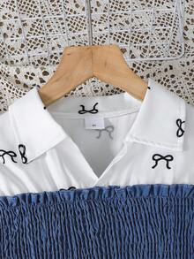 Purechapter Conjunto de Top de Manga Longa com Estampa de Laço e Bloco de Cor na Cintura e Calça com Cintura Elástica para Meninas Pré-Adolescentes - Azul - Visão 3